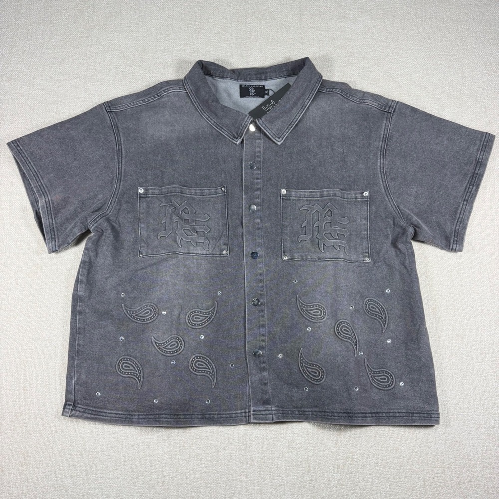 Mixed Emotion Mens XL Faded Gray Denim Paisley Rhinestone Button Up Shirt NEW